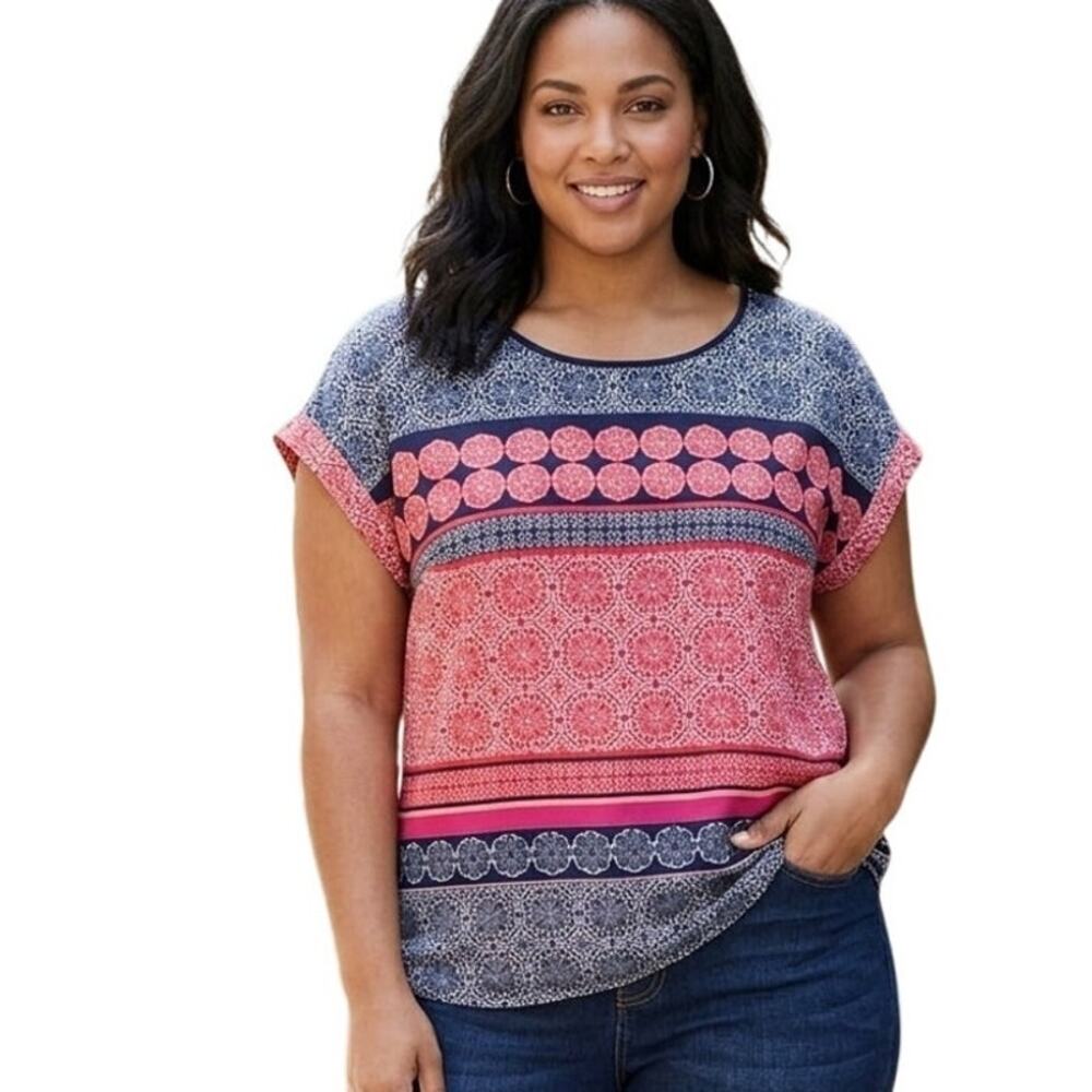 DR2 Mixed Print Boho Blouse Womens Size 3X Navy Red Floral Dolman Top